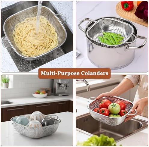 E-far 4QT Square Stainless Steel Colander, Metal Strainer with Handle