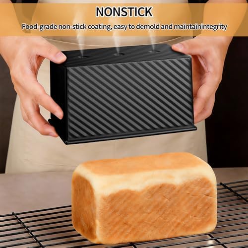 3 Pack Pullman Loaf Pan with Lids, Non-Stick Bread Loaf Pan, Heavy Duty Carbon Steel Corrugated Toast Box for Baking, Square Bread Pans for Homemade Sandwich, Bakeware (Black)
