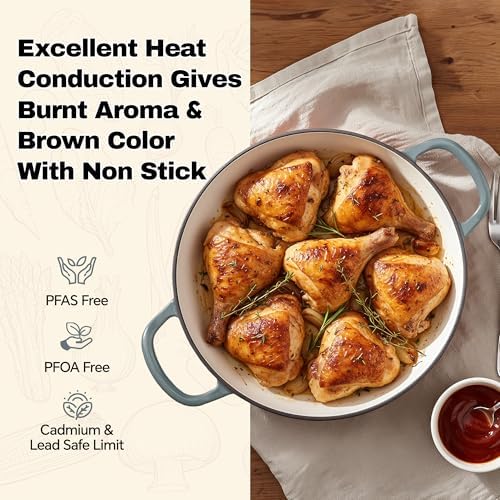 3 Quart Enameled Cast Iron Braiser, Non Stick Enameled Cast Iron Skillet with Lid, Dutch Oven Skillet with lid up to 500°F for Oven, Stove, Grill, Shallow Dutch Oven for Cook, Bake (Gray)