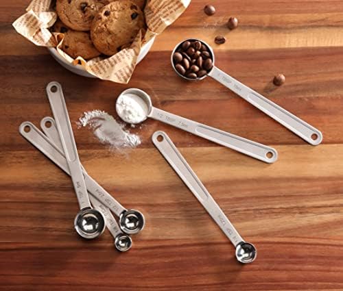 New Star Foodservice 43112 Stainless Steel Measuring Spoons, Set of 6, Round Metal Measuring Spoon Set with Ring Hook for Baking, Cooking, Spices, Wet and Dry Ingredients, Silver
