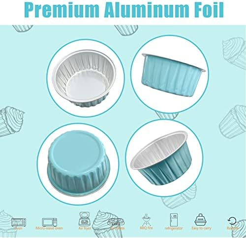 100Pcs Aluminum Cups with Lids,5oz Disposable Ramekin Baking Cups Muffin Liners Mini Pie Pans Foil Cupcake Containers for Christmas Party Wedding,Blue