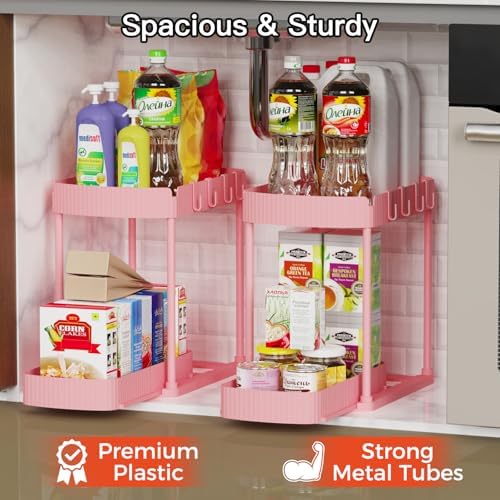 2 Packs Under Sink Pull-Out Storage Organizers, 12.8 Inches, Pink
