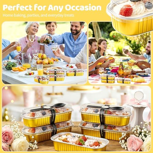 100 Pack Mini Loaf Pans with Lids and Spoons, 6.8oz Mini Cake Pans for Baking, Disposable Rectangle Aluminum Foil Small Loaf Baking Pans Cake Tins, Individual Small Cake Containers with Sticker, Gold
