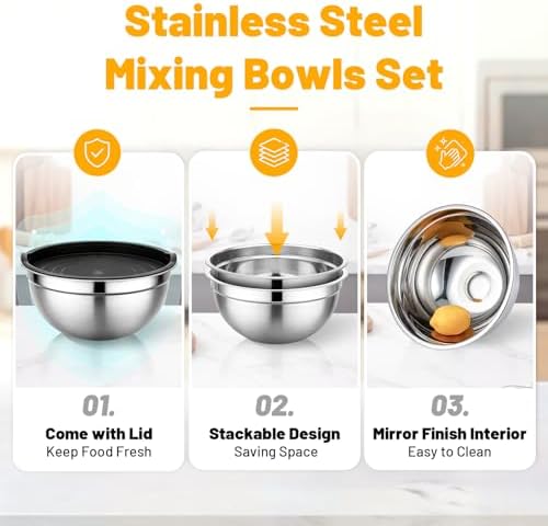 Beasea Stainless Steel Mixing Bowls, 2 Pack 3.4 QT Metal Nesting Mixing Bowls with Black Lids, Stackable Baking Bowl with Lid for Kitchen, Prepping, Serving, Cooking