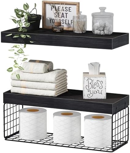 QEEIG Bathroom Shelves Over Toilet Wall Mounted (Black, Set of 2, 15.7")