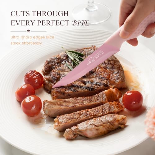 Amorston Steak Knives Set of 8 Stainless Steel Serrated Knives Pink