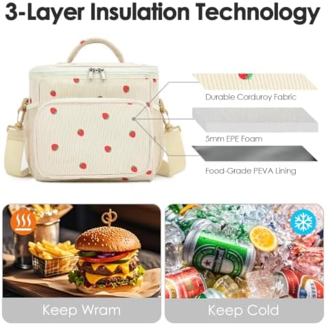 FlowFly Insulated Reusable Lunch Bag Adult Large Lunch Box for Women and Men with Adjustable Shoulder Strap,Front Zipper Pocket and Dual Large Mesh Side Pockets, Corduroy Strawberries Beige