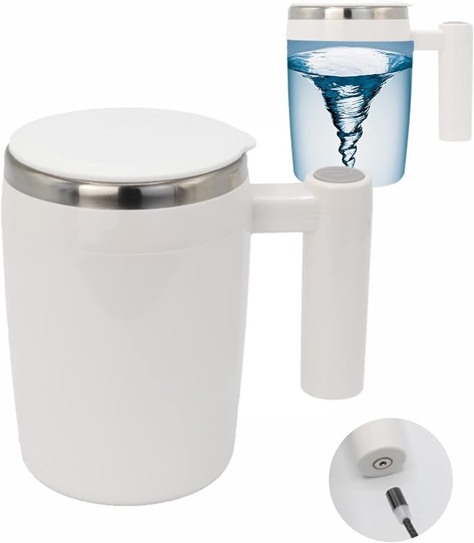 Rechargeable Self Stirring Mug - Magnetic Electric Auto Mixing Stainless Steel Cup for Office/Kitchen/Travel/Home Coffee/Tea/Hot Chocolate/Milk-430 ml/14.5 oz(White)