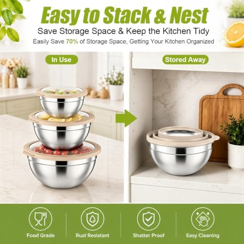 P&P CHEF Stainless Steel Mixing Bowls with Visible Airtight Lids, Khaki