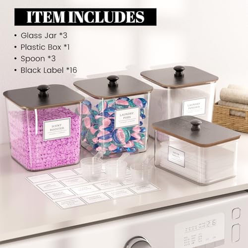 HomePekite Laundry Pods Storage Container, Clear Acrylic Laundry Room Organization and Storage ,Detergent Powder Container,with Wooden Lids & Labels, 3+1 Pack（Black）