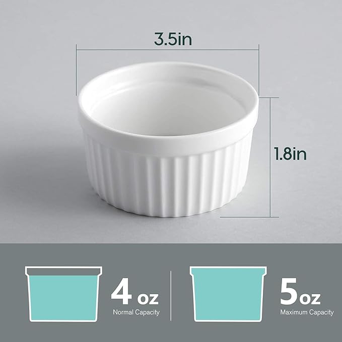 Porcelain Ramekins 4 oz Oven Safe, Small Souffle Dishes for Creme Brulee, Ice Cream, Dipping and Sauces Cup, Ceramic White Mini Baking Bowls Set of 6
