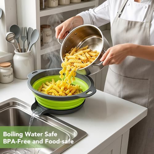 3-Pack Collapsible Colander for Kitchen with Self-Draining Base Foldable Strainers Set Round Food Drainer for Pasta Fruits and Vegetables (3QT, 4QT and 5QT)