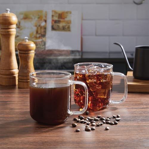 Glass Coffee Mugs, 14 oz iced coffee cups, Clear Tea Cups Set of 2, Glass Mugs with Handles, Glass Cups for Latte, Cappuccino, and Tea