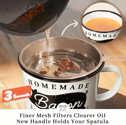 Ayerphalo Bacon Grease Container with Strainer - With Food-Grade Silicone Spatula, 24oz Enamel Rustic Farmhouse Fat Container, Keeper, Recipes, Dishwasher Safe