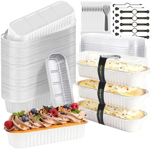 Mini Cake Pans with Lids and Spoons 200 Pack, Mini Loaf Pans with lids 6.8oz, Small Disposable Aluminum Foil Loaf Pans, Rectangular Baking Container for Party, Picnics and Birthday (White)