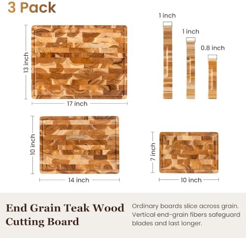 3-Piece End Grain Teak Cutting Board Set with Stand, Juice Groove