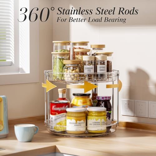 LAMU 4 Pack 10.6'' 2-Tier Lazy Susan Turntable Organizer Rotating Spice Rack Organization for Cabinet, Kitchen, Pantry, Countertop, Bathroom, Vanity, Makeup Organizer, Clear