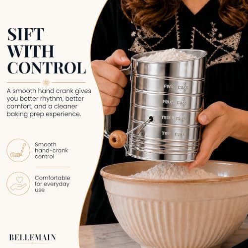 Bellemain Stainless Steel Flour Sifter for Baking with Hand Crank - 5 Cup