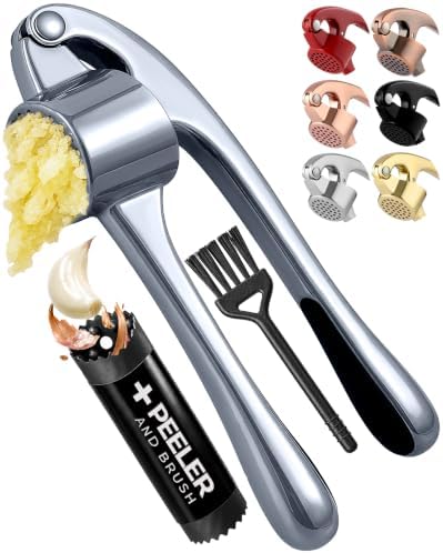 Zulay Kitchen Large Premium Garlic Press Set - Bigger Bowl for Bigger Garlic - Rust Proof Garlic Mincer Tool - Easy-Squeeze, Easy-Clean Silicone Garlic Peeler & Brush (Slate)