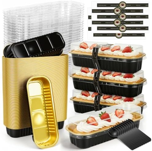 YQER 100 Pack Black Mini Cake Pans with Lids and Spoons, 6.8 oz Disposable Aluminum Foil Mini Loaf Pans with Stickers, Elegant Dessert Cake Tins Containers for Wedding, Parties, Bake Sales and Gifts