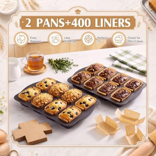 2 Pack Mini Loaf Baking Pans, Nonstick Rectangular Cake Baking Pans Black Carbon Steel Bakeware Set with 400 Sheets Cross Cut Parchment Paper, Heavy Duty Brownie Lasagna Bread Pan for Oven