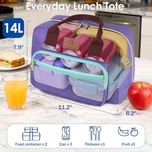Insulated Lunch box for Women,Leakproof Quilted Thermal Lunch Bag, 14L Large Capacity Lunch Tote Bag Lightweight LunchBox Cooler for Work, School, Picnic or Travel with 2 Front Pocket -Purple