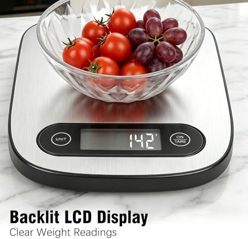 Food Scale, 11lb Kitchen Scale with 6 Units Tare Function & Backlit LCD, Precise 1g Stainless Steel Digital Scale, Hanging Design for Baking, Cooking, Healthy Eating and Meal Prep (Batteries Included)