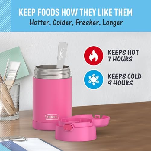 THERMOS FUNTAINER 16 Ounce Stainless Steel Vacuum Insulated Food Jar with Folding Spoon, Neon Pink (Pack of 6)