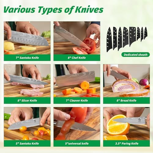 FULLHI 15pcs Japanese Knife Set with Magnetic Knife Block Holder, Stainless Steel Blades, White Resin Ergonomic Handles for Professional and Home Cooking