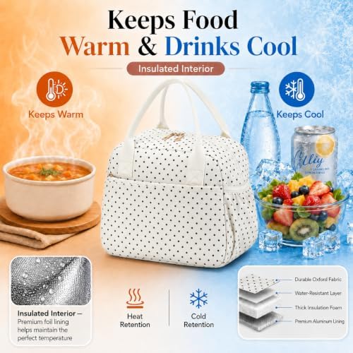 CAMTOP Lunch Box for Women Men Insulated Lunch Bag Lunch Tote Bag Leakproof Thermal Cooler Large Capacity for Travel Work School Picnic (Beige Black Polka Dot, Medium)