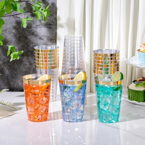 I00000 100 Pack 14 oz Gold Plastic Cups, Gold Disposable Cups Tumblers, Disposable Plastic Wine Glasses Cocktail Glasses Perfect for Party & Wedding
