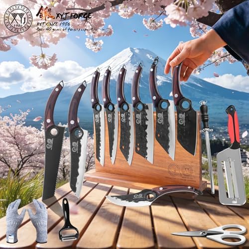 XYJ Knife Block Set, Full Tang Knives with Wood Magnetic Knife Block