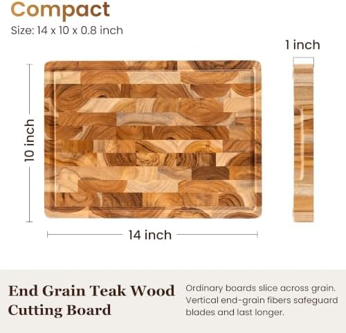 14x10 End Grain Teak Cutting Board with Juice Groove, Non-Slip