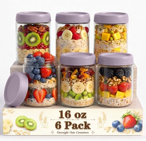 Overnight Oats Containers with Lids, 16oz Parfait Cups with Lids, Glass Jar