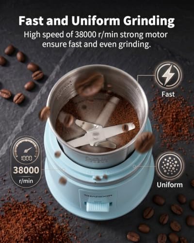 SHARDOR Quiet Coffee Grinder Electric, 70g Removable Bowl Spice Grinder for Coffee Beans, Seeds and Grains, Super Silent Grinding Mill with 60dB Low Noise, 2.5oz Capacity, Blue