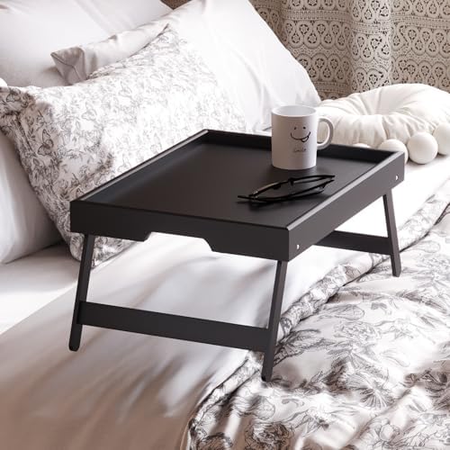 Fibogollo 2 Pack Bamboo Bed Tray Table with Folding Legs,Breakfast Trays,Serving Tray for Food and Snack,Laptop Trays for Working(Black)