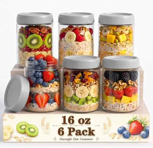Mason Jars 16 oz with Lids, Yogurt Containers with Lids, Overnight Oats Jar