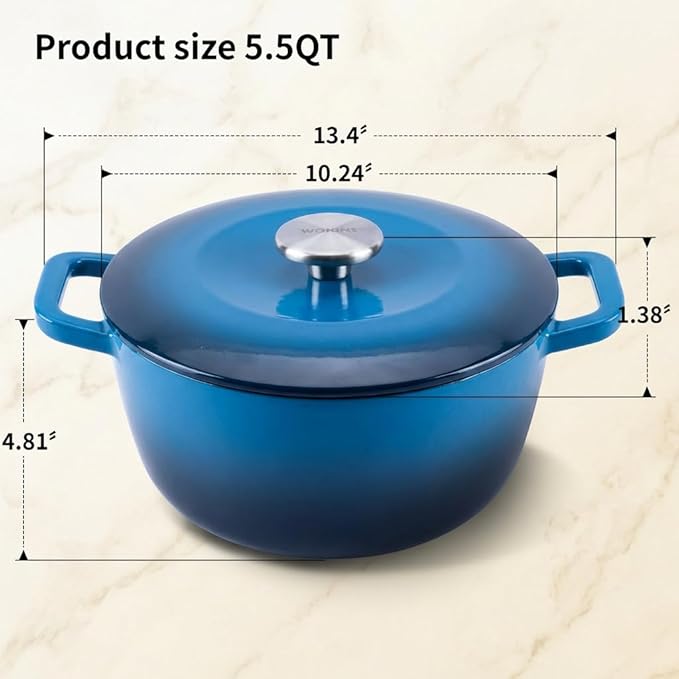 5.5QT Enamel Cast Iron Dutch Oven with Lid,Dual Handles,Versatile Heavy-Duty Non-toxic Cookware for Sourdough Bread Baking,Braising,Stews,Roasting,Oven Safe up to 500°F blue