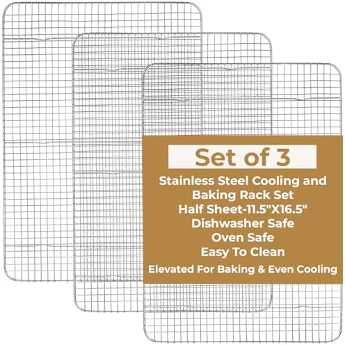 3 Pack Cooling Racks, 16.5 x 11.8 Inch Stainless Steel Cooling and Baking Rack Set 1/2 Sheet Baking Racks for Oven Cooking Roasting Grilling Heavy Duty Tight-Wire Metal Mesh Oven Rack, Dishwasher Safe