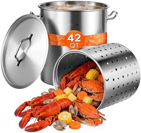 VEVOR Stainless Steel Stockpot, 42 Quart Large Cooking Pots, Cookware Sauce Pot with Strainer, Lid, and Handle, Heavy Duty Commercial Grade Stock Pot, Sanding Treatment, for Large Groups Events Silver