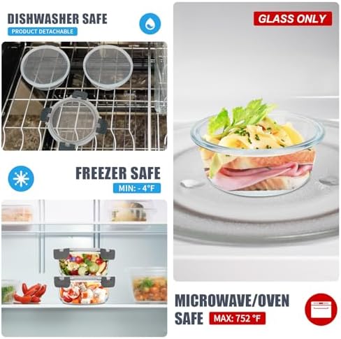 6 Pack, 21oz Round Glass Food Storage Containers with Airtight Lids, Grey