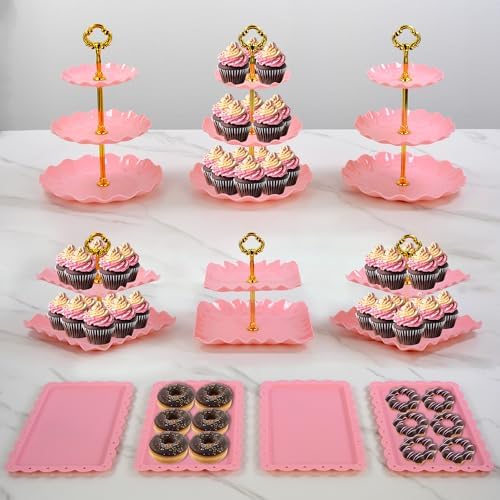 Pack of 11 NWK Cake Stand Set of Cupcake Stand, Tray & Table Cloth (Pink)