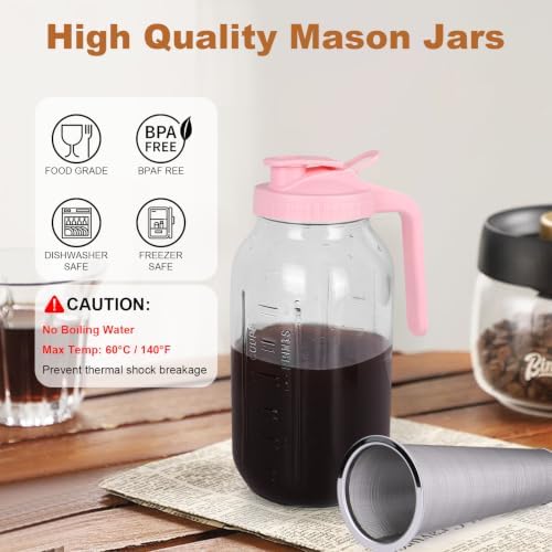 Cold Brew Coffee Maker, 64 oz Mason Jar Pitcher with Stainless Steel Filter, Pour Spout Handle Lid, Heavy Duty Glass Airtight & Leak-Proof for Iced Coffee,Tea & Lemonade
