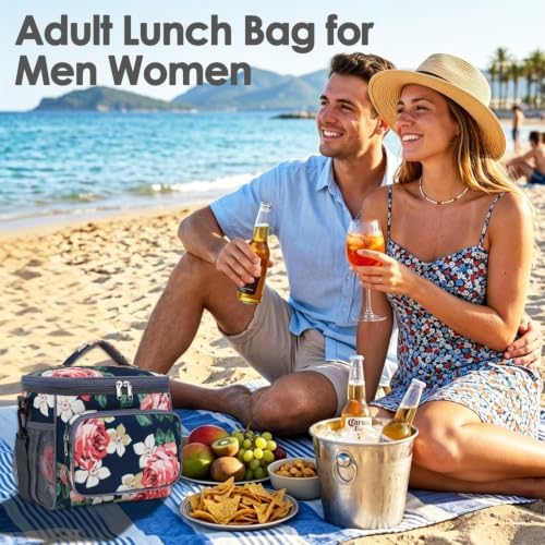 FlowFly Insulated Reusable Lunch Bag Adult Large Lunch Box for Women and Men with Adjustable Shoulder Strap,Front Zipper Pocket and Dual Large Mesh Side Pockets,Peony
