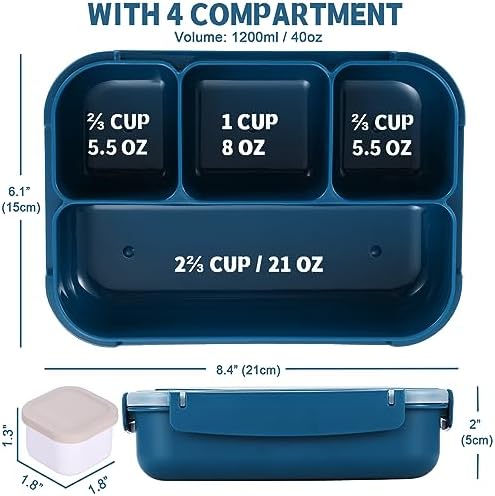 shell and turtle Bento Box Adult Lunch Box, Kids Lunch Containers for School with 4 Compartments, with Utensils, Sauce Jar, Muffin Liners, Microwave Safe, Navy