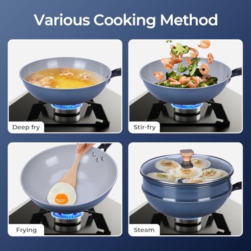 Non-Stick Wok with Steamer Basket,12 Inches Stir Fry Pans with Lid, Flat Bottom Pan Multifunctional Cookware Chinese Woks for Induction, Gas, Halogen(Blue)