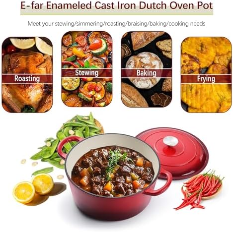 E-far Dutch Oven Pot with Lid, 5 Quart Enameled Cast Iron Round Dutch Oven Stockpot for Bread Baking/Braising/Cooking/Roasting/Stewing, Heavy Duty Nonstick Cookware Safe for Induction & Oven - Red