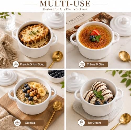 Mini Dutch Oven Set of 4, 14 oz Ceramic Mini Dutch Ovens with Lids and Handles, Ramekins with Lids for French Onion Soup, Pot Pies, Soufflés and Baked Desserts, Oven Microwave Dishwasher Safe, Mini Cocotte, White
