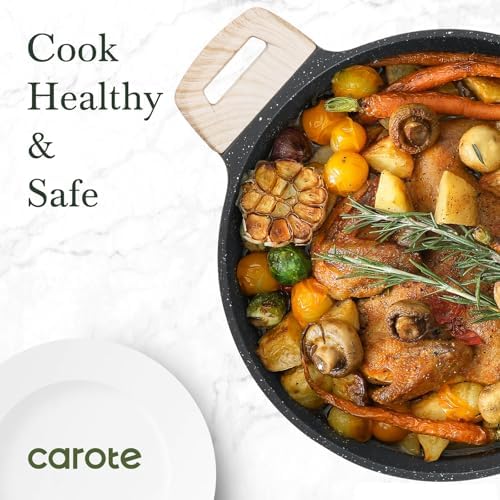 CAROTE Nonstick Stock Pot with Lid, 6 Quart Black Granite Casserole