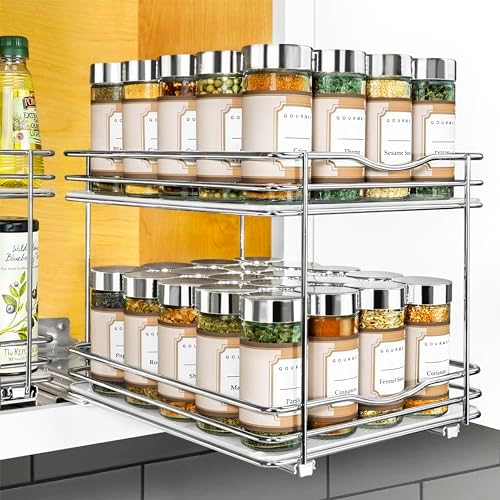 LYNK PROFESSIONAL® Pull Out Spice Organization for Cabinets - 8-3/8 inch Wide – Spice Rack for Inside Cabinets, Slide Out Spice Rack Organizer for cabinet – Pull Out Spice Rack, Sliding 2 Tier Chrome